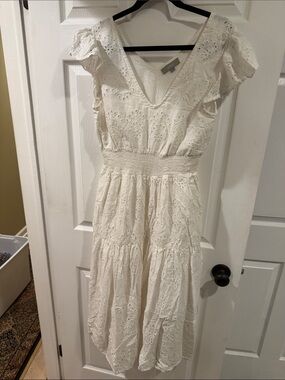 Cream Eyelet V-Neck Midi Dress with Smocked Waist